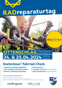 Radreparaturtage in Ottenschlag von 24.-25.4.2024 im Böhm-Bikestore, Neuhofstraße 15 von 9-16 Uhr; Kostenloser Fahrrad-Check (Materialkosten sind selbst zu bezahlen)