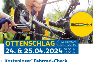 Radreparaturtage in Ottenschlag von 24.-25.4.2024 im Böhm-Bikestore, Neuhofstraße 15 von 9-16 Uhr; Kostenloser Fahrrad-Check (Materialkosten sind selbst zu bezahlen)