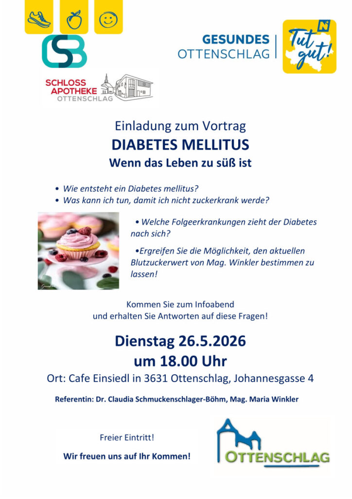 Die Gesunde Gemeinde Ottenschlag lädt zum Vortrag "Diabetes Mellitus - Wenn das Leben zu süß ist" am Dienstag, 26.05.2026 um 18 Uhr ins Café Einsiedl (Johannesgasse 4, 3631 Ottenschlag) ein. Dr. Claudia Schmuckenschlager-Böhm und Mag. Maria Winkler informieren wie Diabetes Mellitus entsteht, was kann ich vorbeugend tun, welche Folgeerkrankungen zieht Diabetes nach sich. Weiters kannst du von Frau Mag. Winkler deinen aktuellen Blutzuckerwert messen lassen. Freier Eintritt! Die Gesunde Gemeinde Ottenschlag freut sich auf Dich!