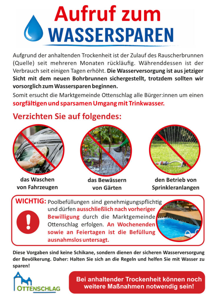 Aufgrund der anhaltenden Trockenheit ist der Zulauf des Rauscherbrunnen (Quelle) seit mehreren Monaten rückläufig. Währenddessen ist der Verbrauch seit einigen Tagen erhöht. Die Wasserversorgung ist aus jetziger Sicht mit dem neuen Bohrbrunnen sichergestellt, trotzdem sollten wir vorsorglich zum Wassersparen beginnen.
Somit ersucht die Marktgemeinde Ottenschlag alle Bürger:innen um einen sorgfältigen und sparsamen Umgang mit Trinkwasser.

Verzichten Sie auf: das Waschen von Fahrzeugen, das Bewässern von Gärten, den Betrieb von Sprinkleranlagen. 
Wichtig: Poolbefüllungen sind genehmigungspflichtig und dürfen ausschließlich nach vorheriger Bewilligung durch die Marktgemeinde Ottenschlag erfolgen. Diese Vorgaben sind keine Schikane, sondern dienen der sicheren Wasserversorgung der Bevölkerung. Daher: Halten Sie sich an die Regeln und helfen Sie mit Wasser zu sparen! Bei anhaltender Trockenheit können weitere Maßnahmen notwendig sein!
